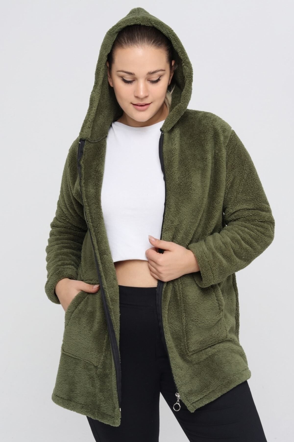 Büyük Beden Sıcak Tutan Peluş Sweat Fermuarlı Kapüşonlu 2 Cepli Örme Peluş Polar Sweatshirt