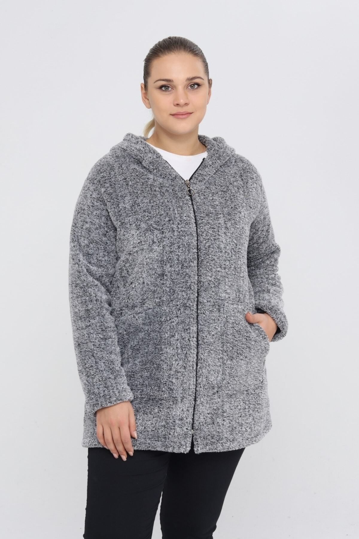 Büyük Beden Sıcak Tutan Peluş Sweat Fermuarlı Kapüşonlu 2 Cepli Örme Peluş Polar Sweatshirt