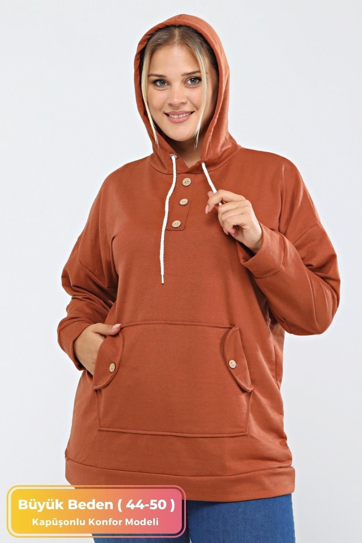 Kadın Büyük Beden Kapüşonlu Kanguru Cepli Likralı Düğme Detaylı Uzun Hoodie Sweatshirt Bej - kahverengi