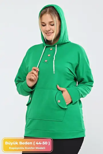 Büyük Beden Bej Kapüşonlu Uzun Hoodie Sweatshirt Kanguru Cepli & Düğme Detaylı - Yeşil