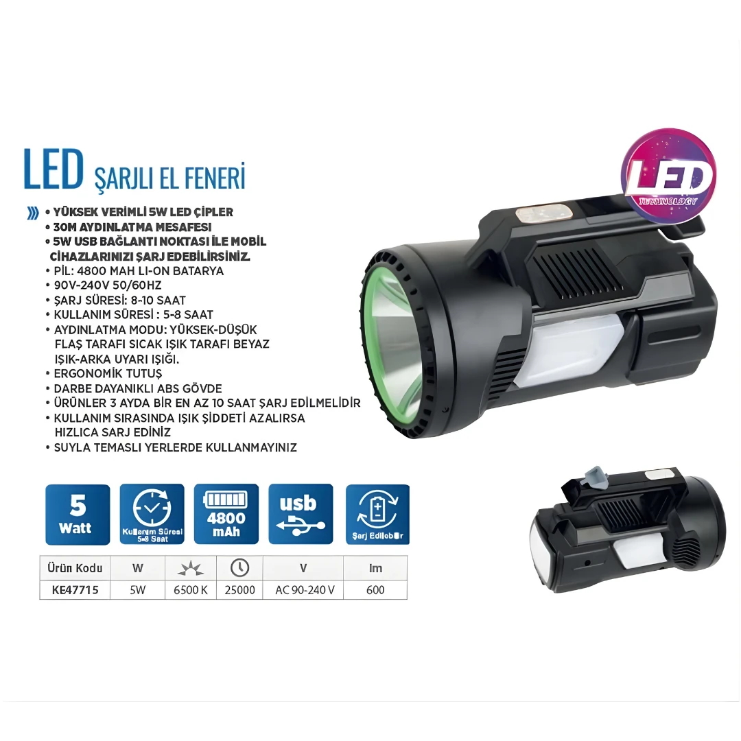 EL FENERİ ŞARJLI LED KLAUS 5W 4800MAH KE47715