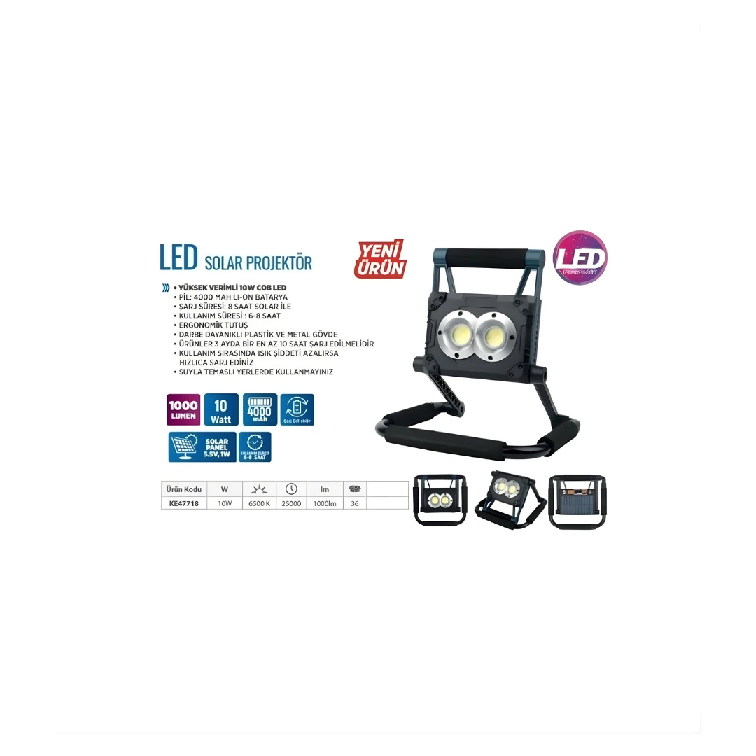 PROJEKTÖR GÜNEŞ PANELLİ KLAUS KE47718 10W 4000MAH