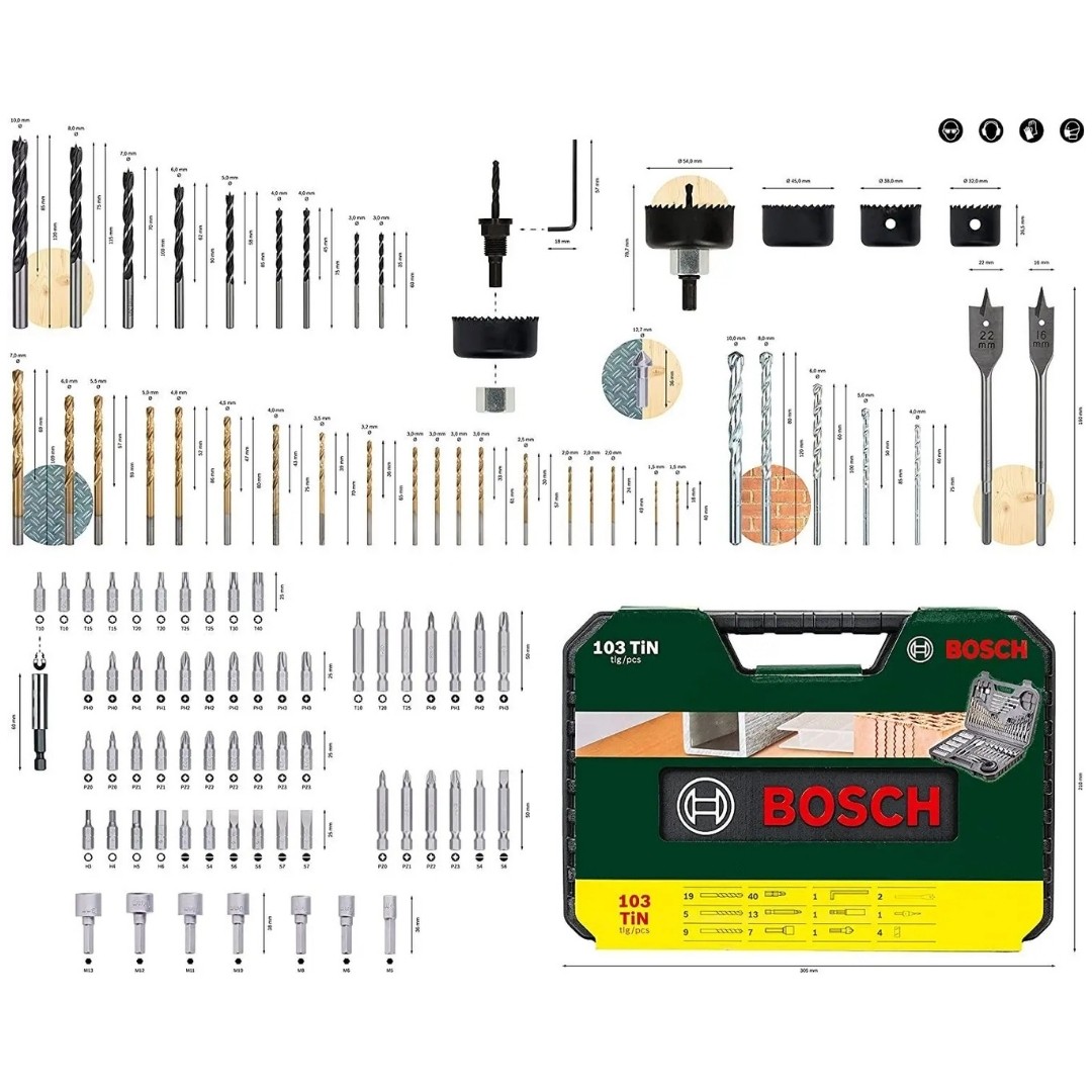 Bosch GSB 185-Li 2.0 Ah Tek Akülü Darbeli Matkap + 23 Parça Aksesuar Set+ Bosch V-Line Matkap & Vidalama Karışık Aksesuar Seti 103 Parça