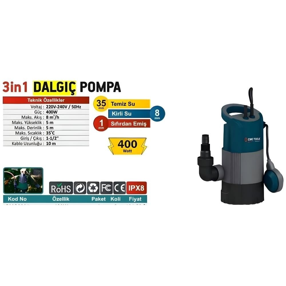 DALGIÇ POMPASI TEMIZ SU KIRLI SU zeminden 400 WAT 1" CMC0091 3in1 arada