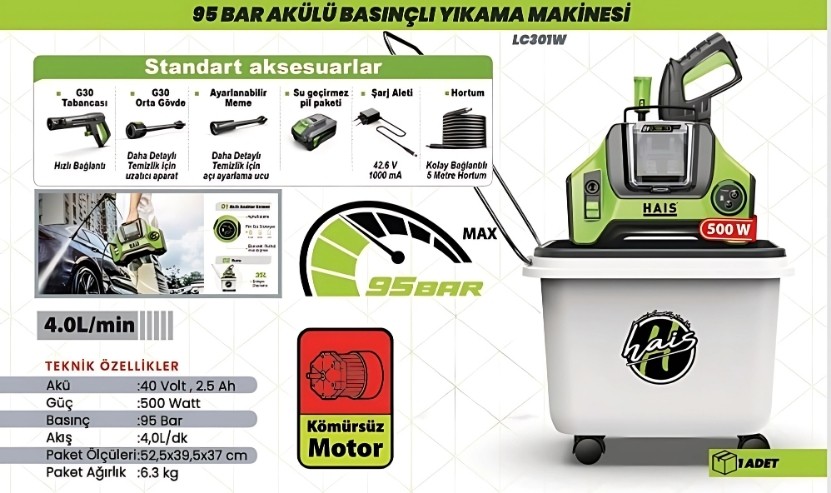 AKÜLÜ BASINÇLI YIKAMA 95 BAR HAIS PRO LC301