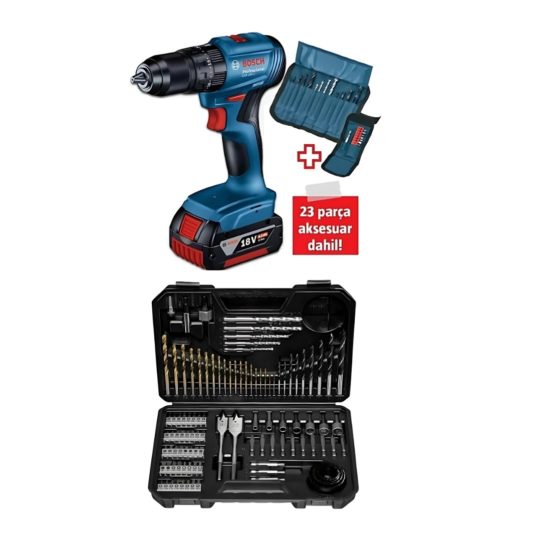 Bosch GSB 185-Li 2.0 Ah Tek Akülü Darbeli Matkap + 23 Parça Aksesuar Set+ Bosch V-Line Matkap & Vidalama Karışık Aksesuar Seti 103 Parça