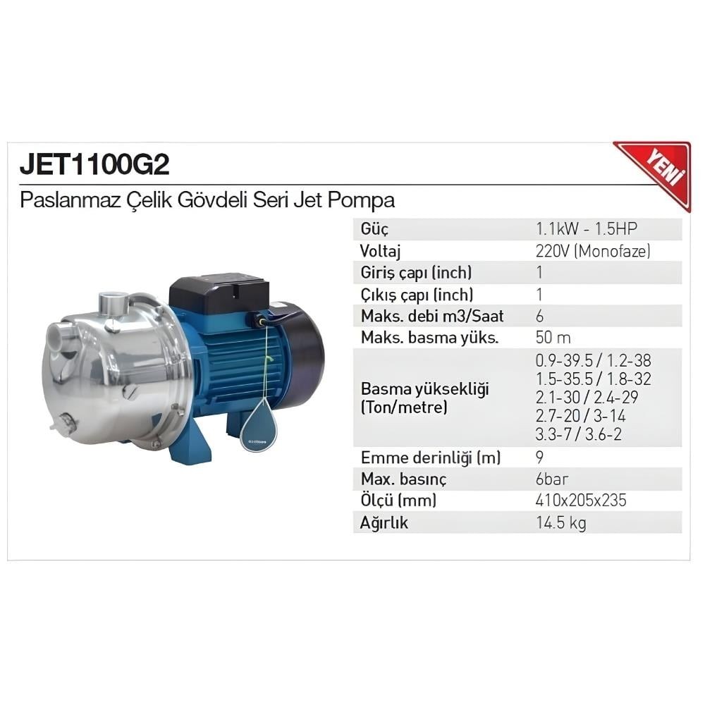 RAINPUMP JET 1100G2 JET POMPA 1,1 KW ÇELIK GÖVDE
