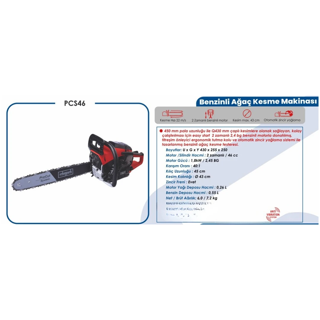 SCHEPPACH AĞAÇ KESME MOTORU BENZİNLİ TESTERE PCS 46