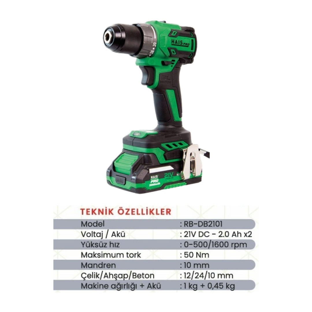 AKÜLÜ VİDALAMA DARBESİZ MATKAP HAIS PRO RB-DB2101 21V 2.0 Ah