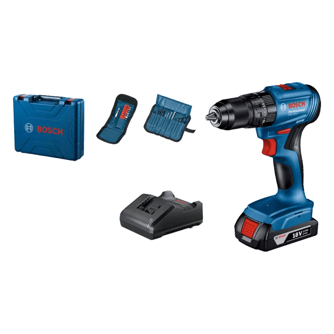 BOSCH AKÜLÜ DELME VİDALAMA DARBELİ GSB 185-LI (1x2.0Ah)+23 Parça Aks.