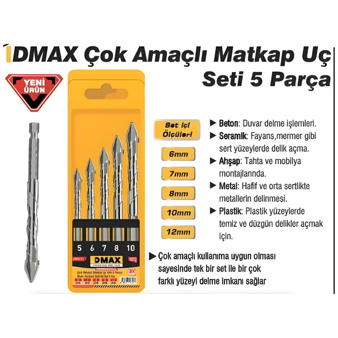 ÇOK AMAÇLI MATKAP UCU SETİ 5 PARÇA DMAX 4721- MULTİ MATERYAL 6-7-8-10-12 MM