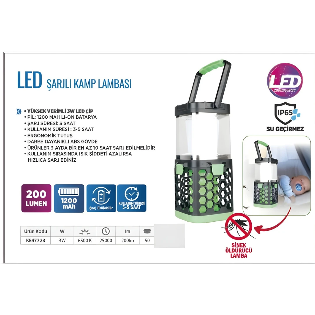 EL FENERİ KAMP TİPİ ŞARJLI KLAUS 3W 200 LUMEN 1200MAH UV MOR IŞIK KE47723