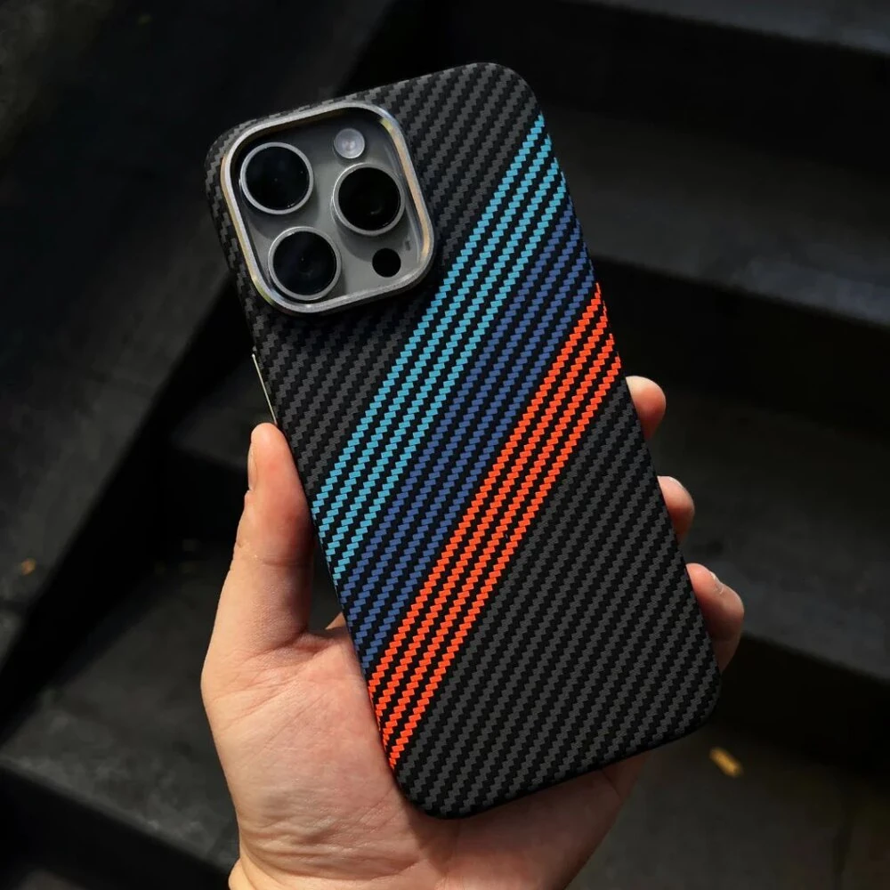 İphone Karbon Fiber Sport Serisi - Mavi Kırmızı Şeritli Kılıf 