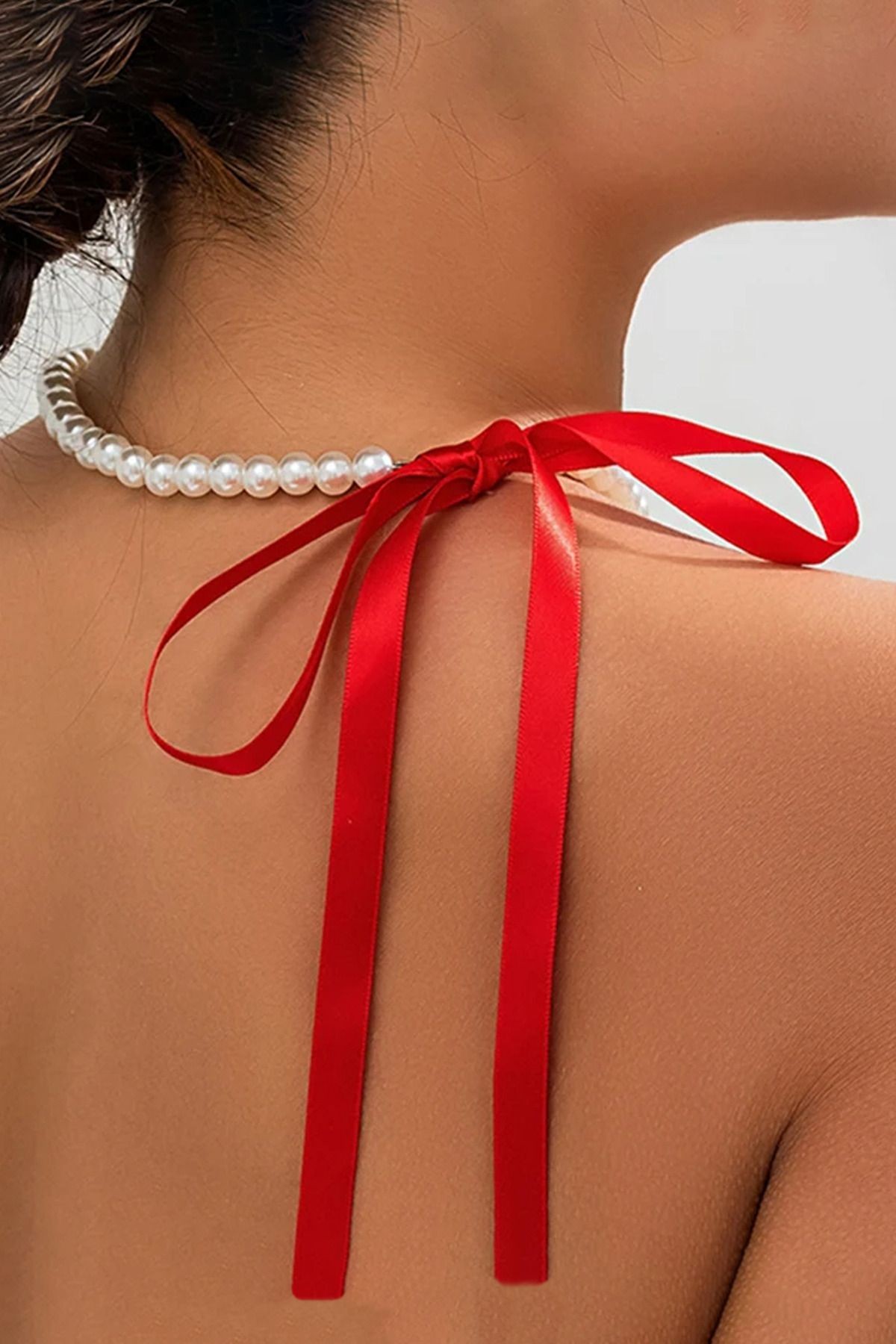 Cam İnci Siyah Kurdeleli Choker Kadın Kolye - Kırmızı