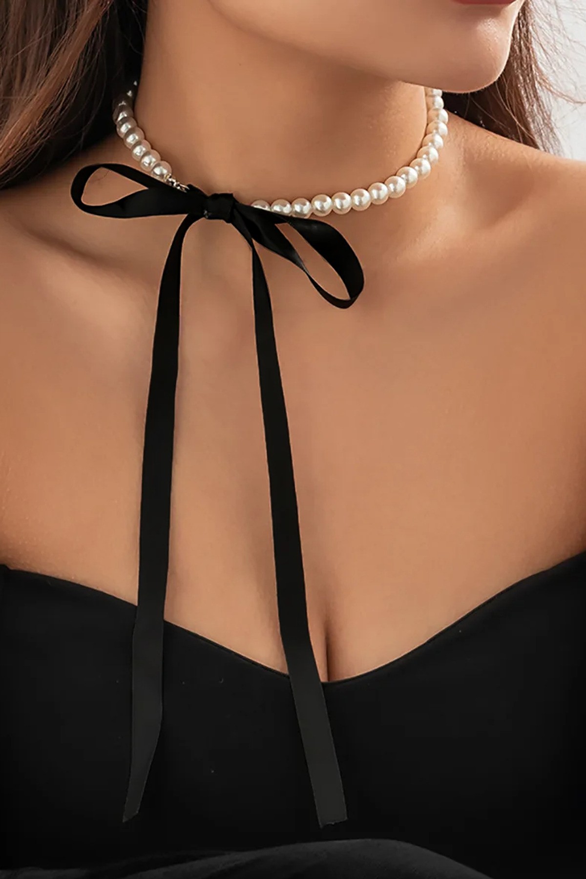 Cam İnci Siyah Kurdeleli Choker Kadın Kolye - Siyah