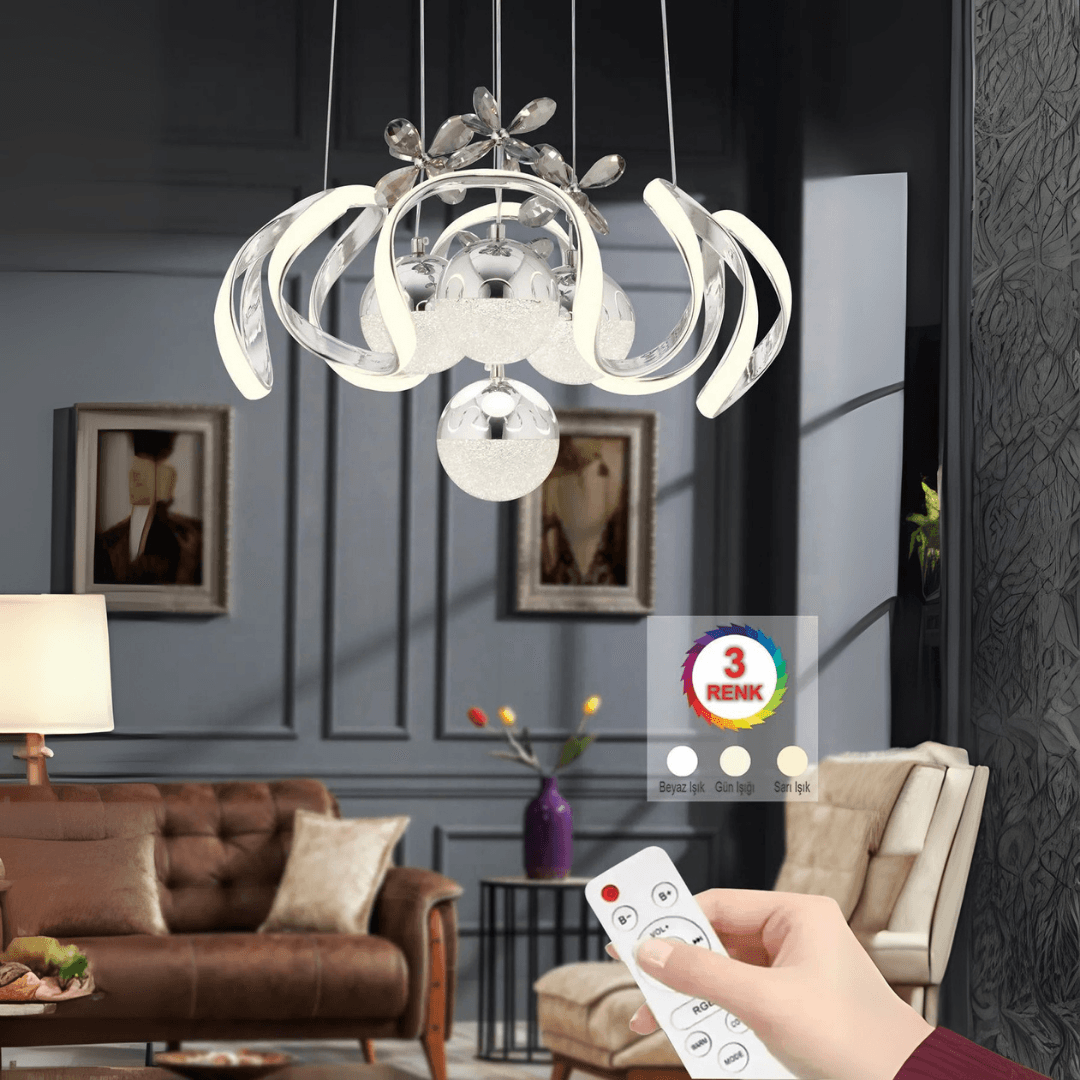 NOVA 3 Renk Kumandalı LED Sarkıt Avize – Modern Krom Kaplama, Dimmer & Ayarlanabilir Kablo