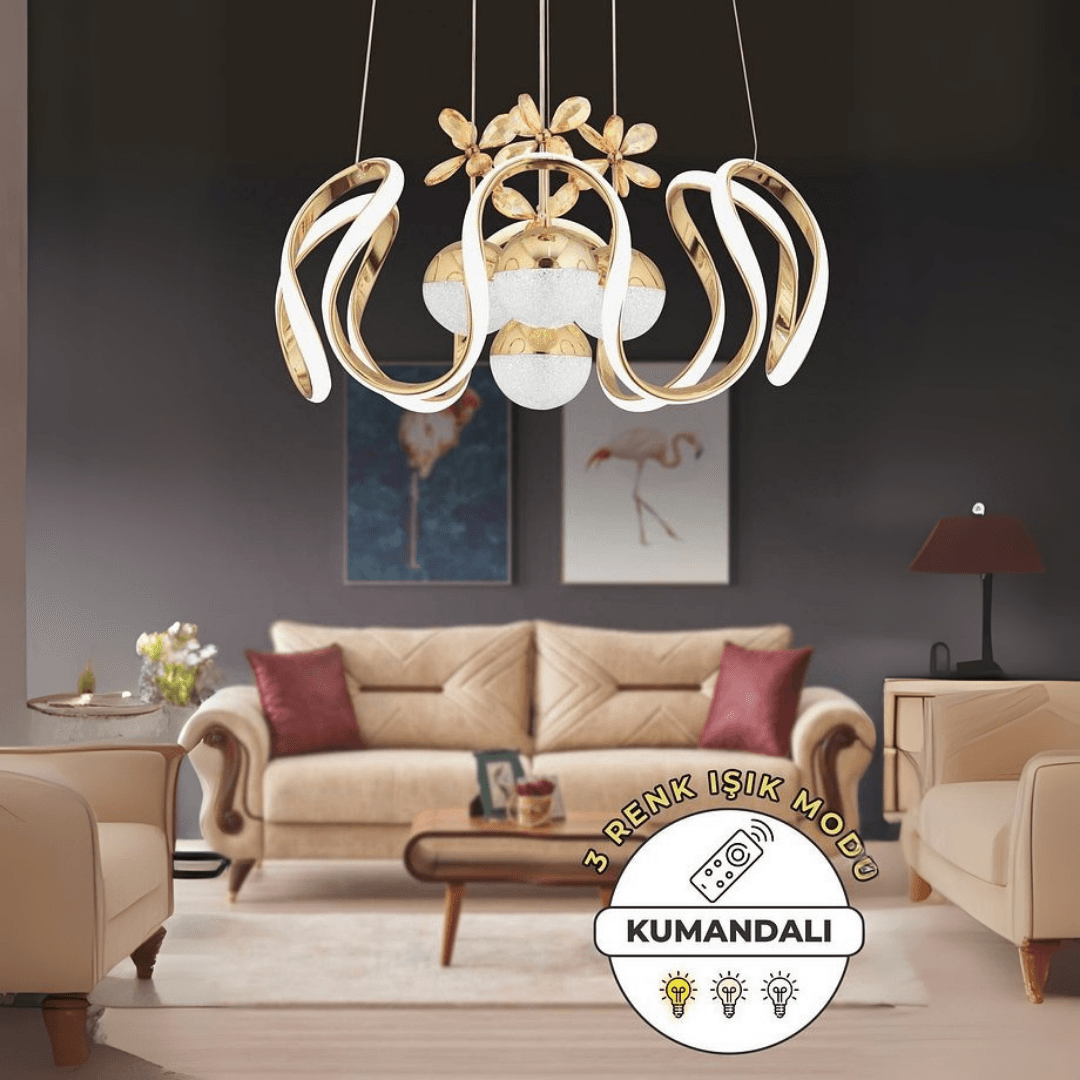 NOVA 3 Renk Kumandalı LED Sarkıt Avize – Modern Gold Kaplama, Dimmer & Ayarlanabilir Kablo