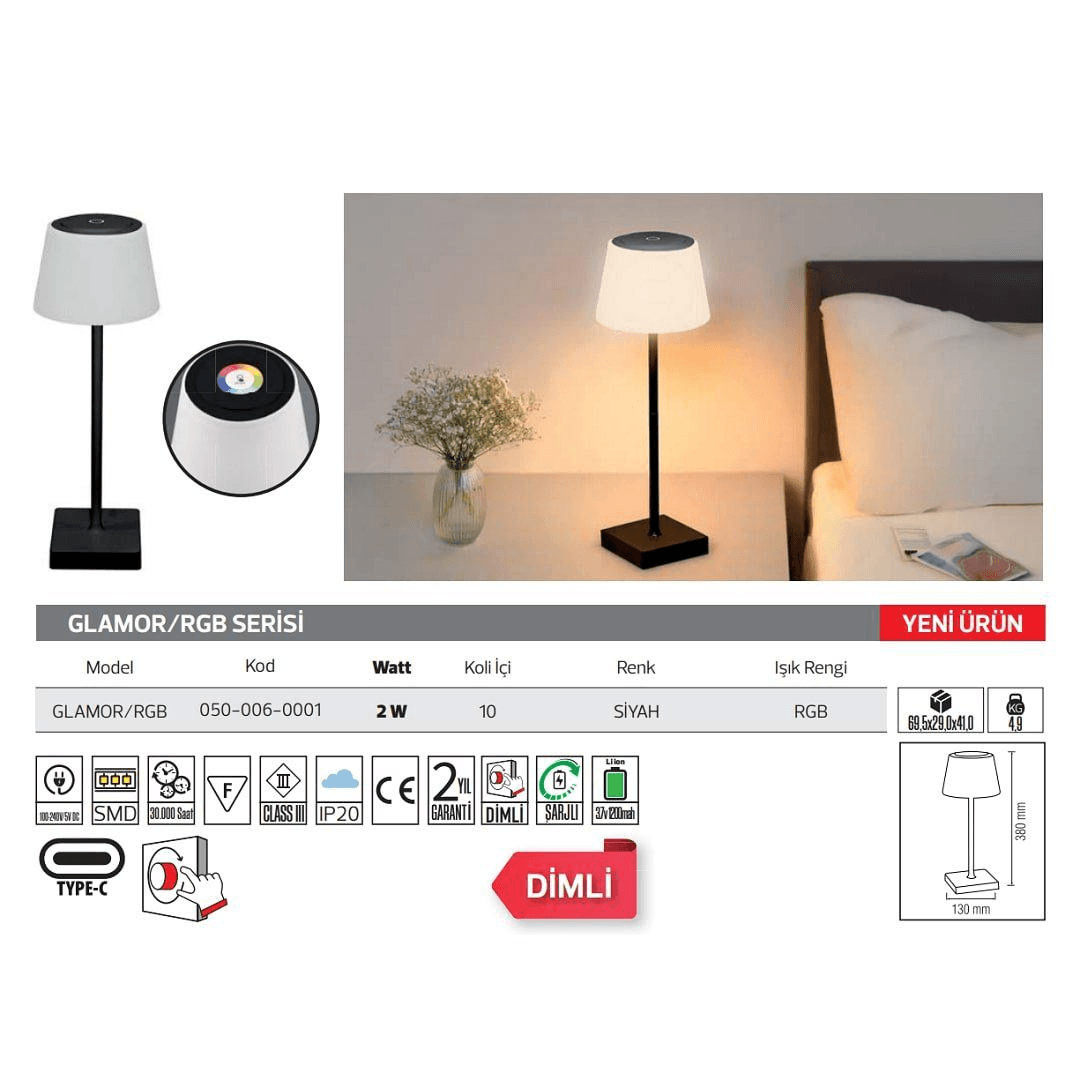 Glamor Şarjlı RGB Masa Lambası – Dokunmatik, 10 Renkli, Dimlenebilir,  Şarjlı LED Aydınlatma