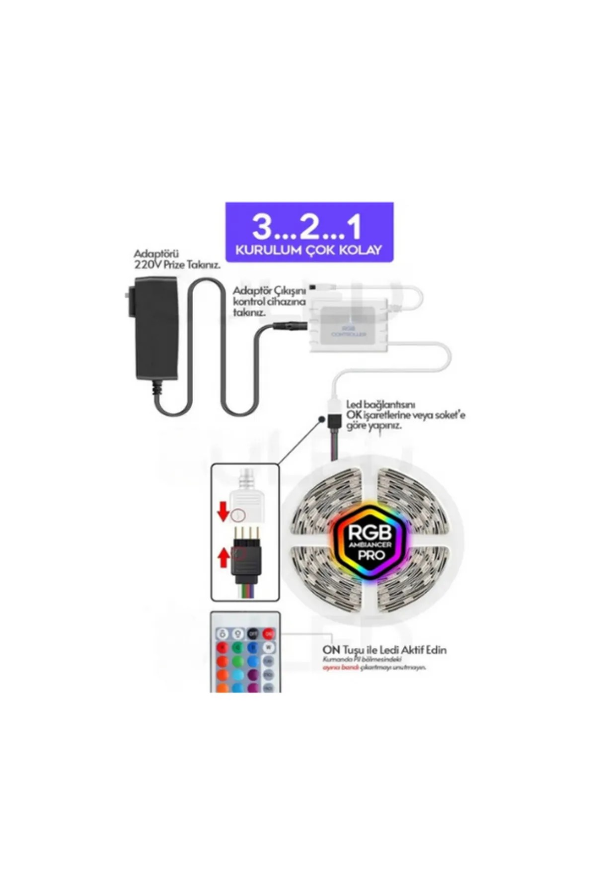 5mt Şerit Animasyonlu Tak Çalıştır Kumandalı Trafolu Rgb Şerit Işık Aydınlatma Parti Led