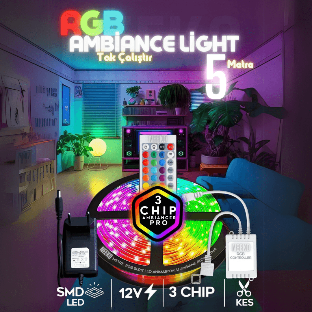 Rgb Led Tak Çalıştır 16 Renkli 4 Animasyonlu Tv Arkası Led Yatak Odası Led Bilgisayar Led 5 Metre