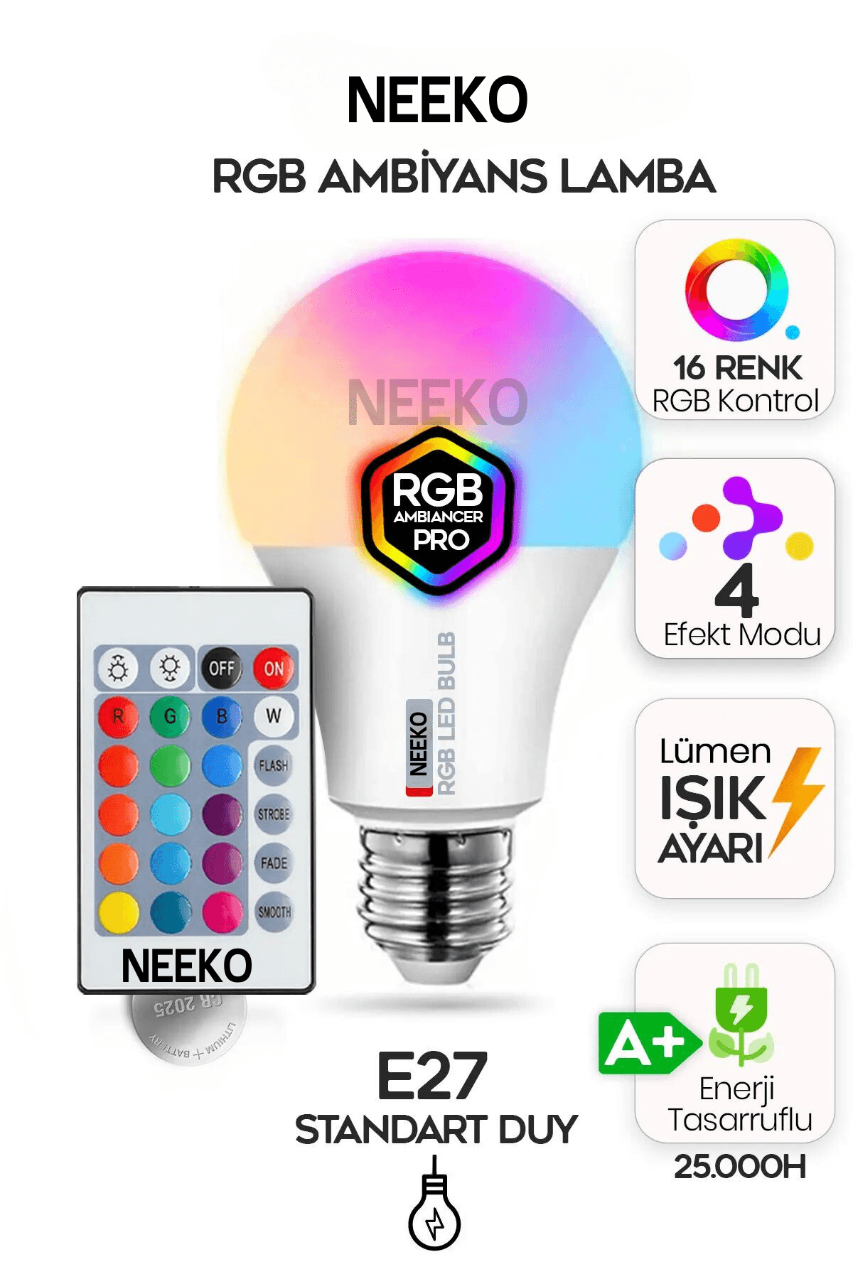 Rgb Led Lamba Kumandalı Ambiyans Aydınlatma 2000 Lümen Tasarruflu Renk Değiştiren Led Işık