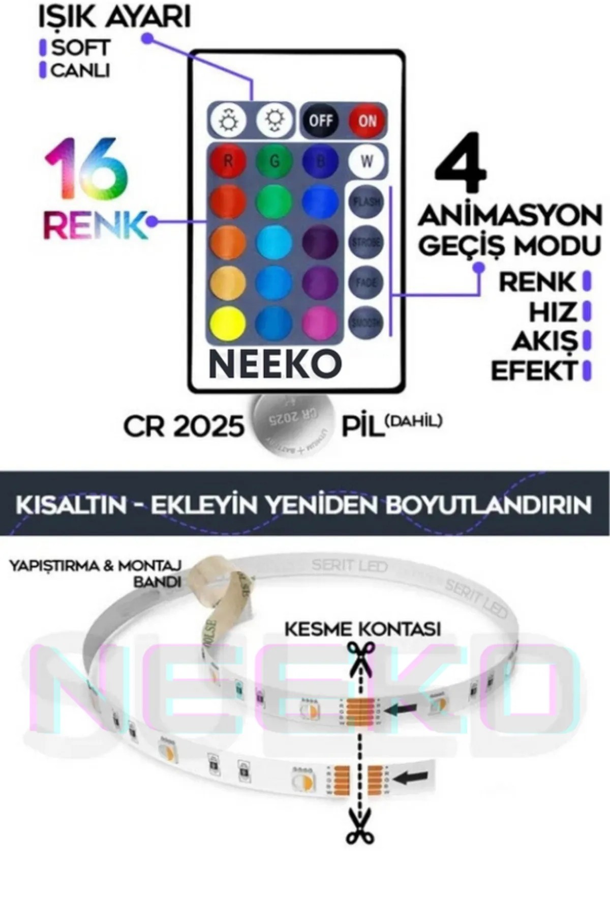 5mt Şerit Animasyonlu Tak Çalıştır Kumandalı Trafolu Rgb Şerit Işık Aydınlatma Parti Led