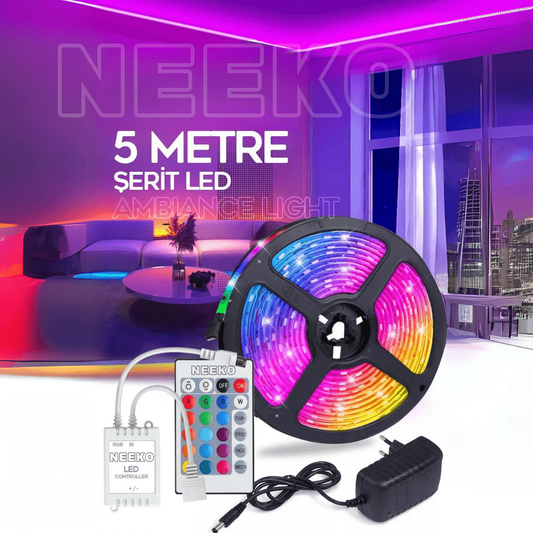 5mt Şerit Animasyonlu Tak Çalıştır Kumandalı Trafolu Rgb Şerit Işık Aydınlatma Parti Led