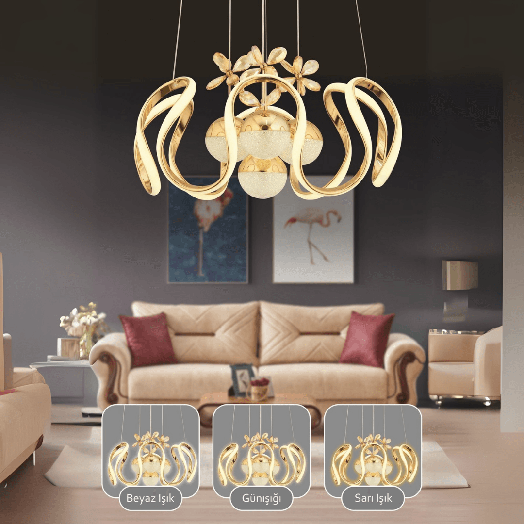 NOVA 3 Renk Kumandalı LED Sarkıt Avize – Modern Gold Kaplama, Dimmer & Ayarlanabilir Kablo