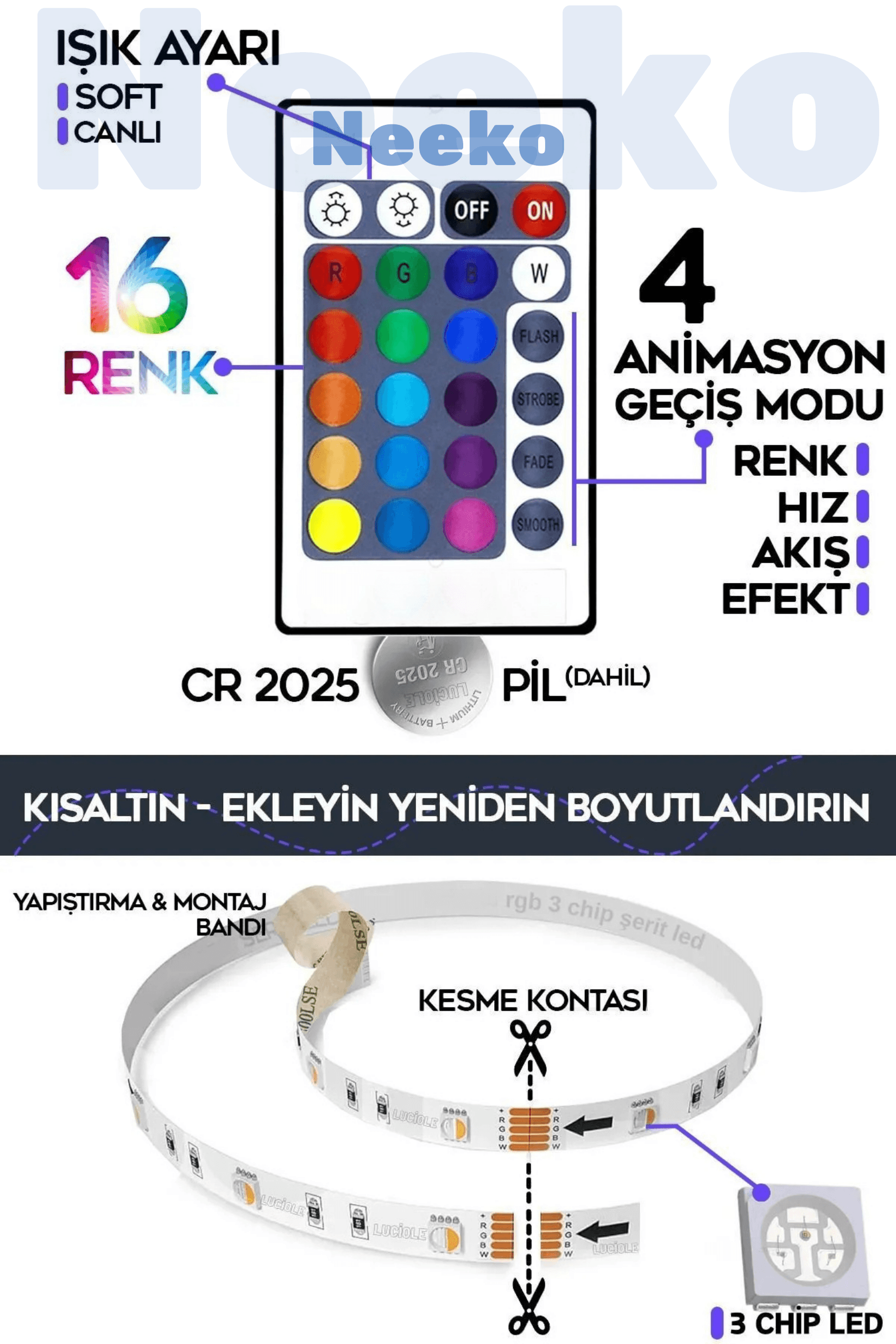 Rgb Led Tak Çalıştır 16 Renkli 4 Animasyonlu Tv Arkası Led Yatak Odası Led Bilgisayar Led 2 Metre