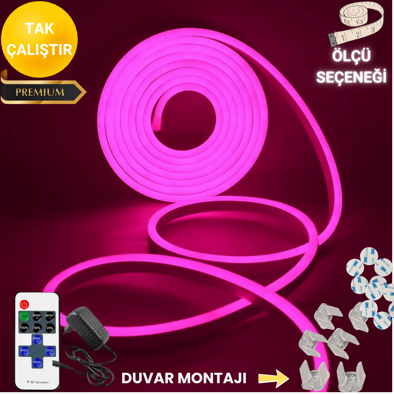 Neon Esnek Şerit Led Tak Çalıştır Kumandalı - Dimmer-Pembe (ÖLÇÜ SEÇENEĞİ)