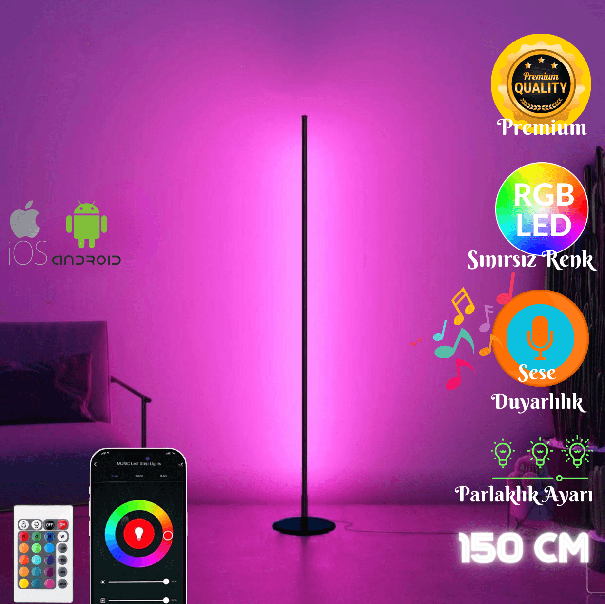 Telefon Ve Kumanda Kontrollü Oda Aydınlatma Sistemi Full Rgb - 150 Cm