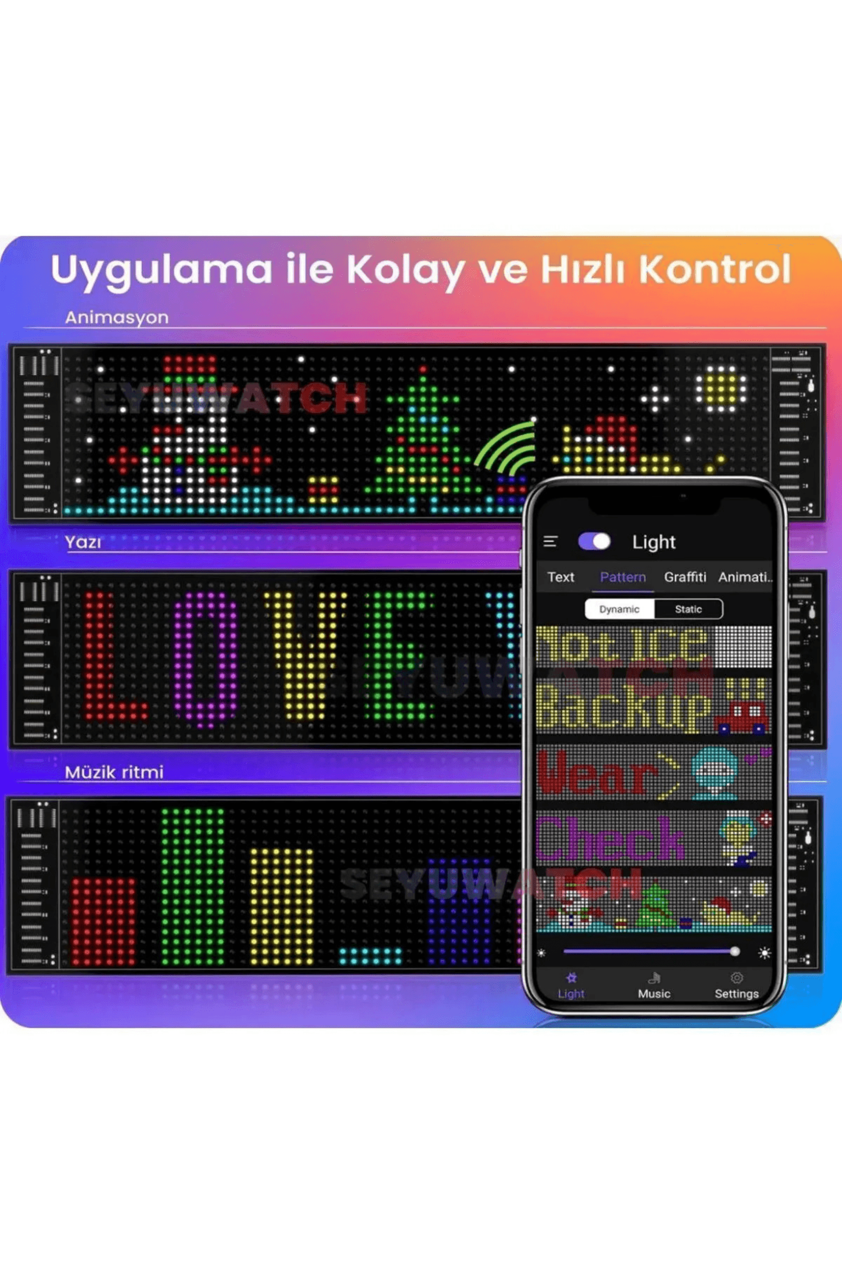 Kişiselliştirelebilir Led Ekran Telefon ve Kumanda Kontrollü Kayan Yazı ve Emoji En Büyük Boy