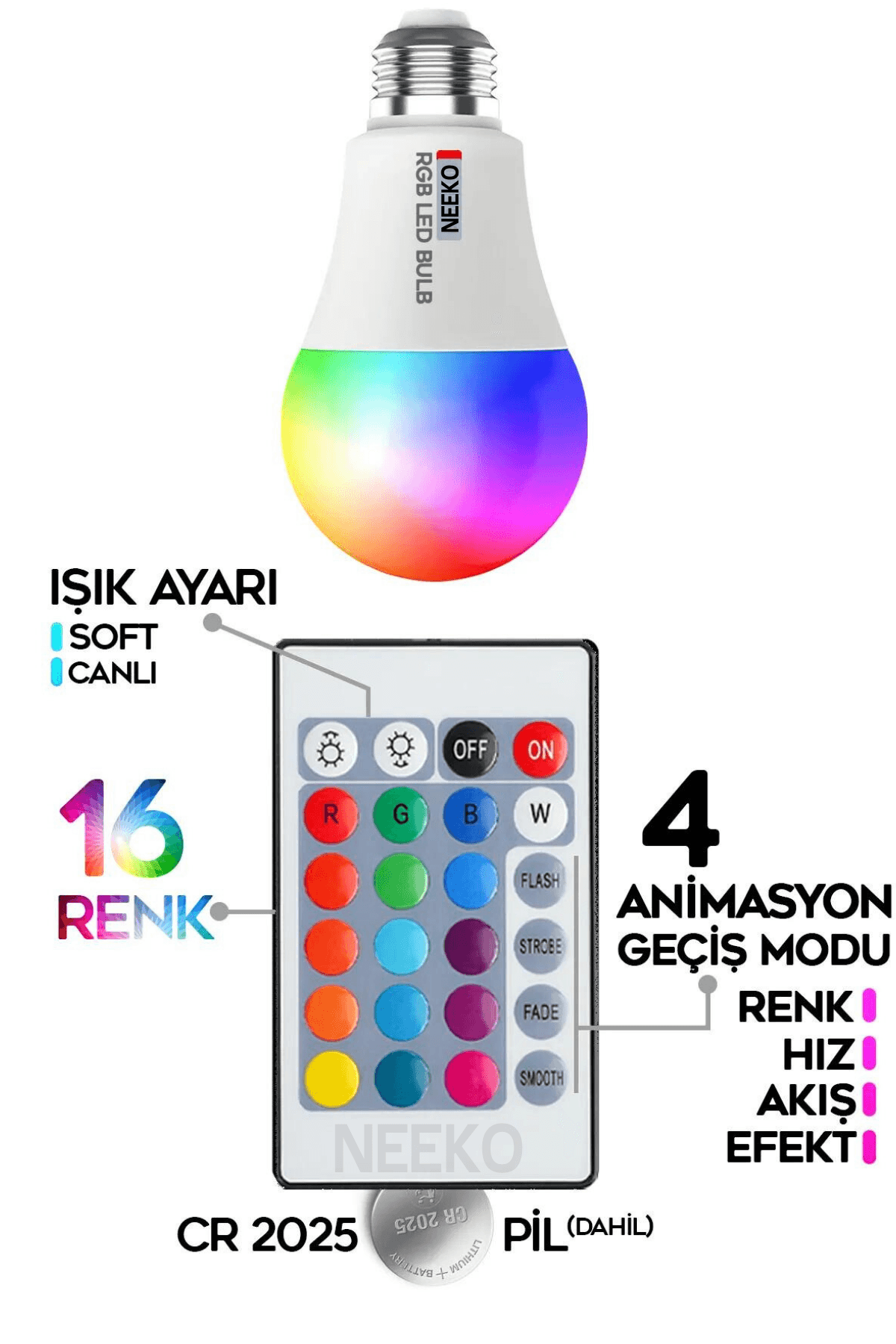 Rgb Led Lamba Kumandalı Ambiyans Aydınlatma 2000 Lümen Tasarruflu Renk Değiştiren Led Işık