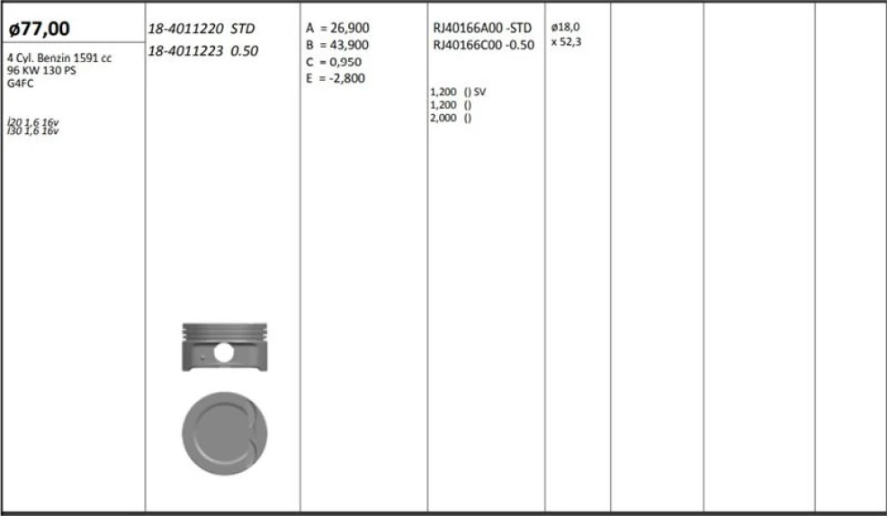 Hyundaı Motor Piston+segmanı ( Riken ) 77,00+0,50mm Cap İ30-İ20 G4fc 1.6  G4fc 4 Sil. Benzinli 1591 CC-96 Kw - Kingpiston 18-4011223