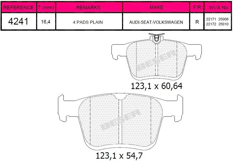 Vag Arka Fren Balatası Golf VII A3 1,2 / 1,4tfsi 1,6 / 2,0tdi 12> - Beser 4241