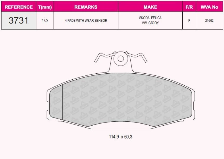 Vag On Fren Balatası Favorıt 1,3 (82>97) Felicia 1 / 2 (1,3 / 1,6 / 1,9) 94>02 Caddy II 1,6 / 1,9 96>00 - Grap 93731