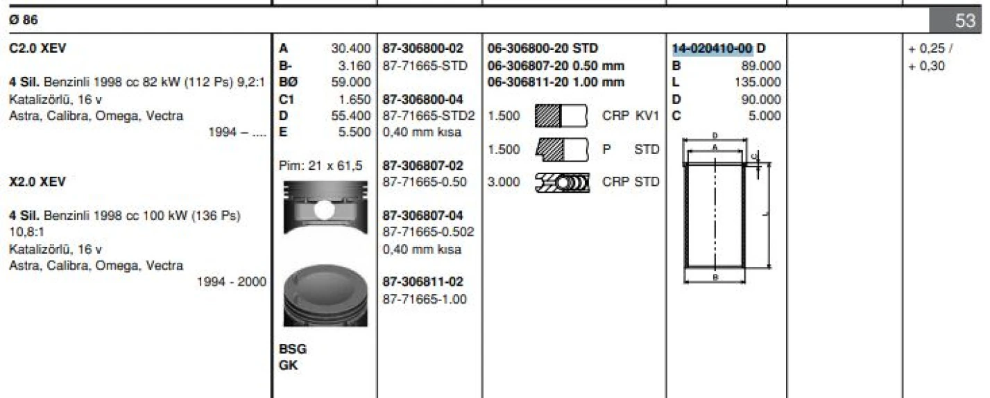 Opel Piston Gomlek Astra Vectra 2,0 8v / 16v (86,00mm) / (std) - Goetze 40204100g