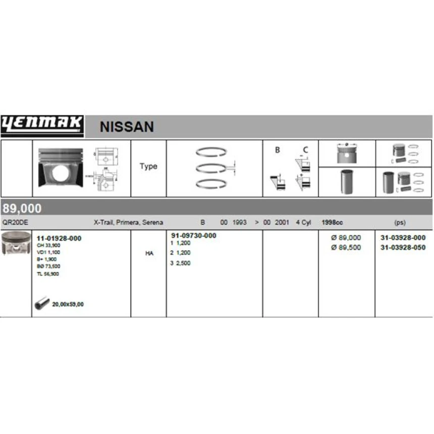 Nissan Piston Segman Std Nissan X-Traıl-Primera-Serena 2.0 2000 -> 89.00mm (qr20de) - Yenmak 31-03928-000