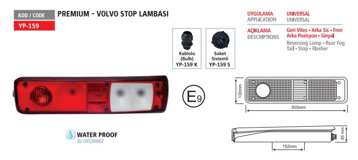 STOP LAMBASI RENAULT PREMIUM VOLVO KABLOLU   SAG - YUCEPLAST YP-159 K R