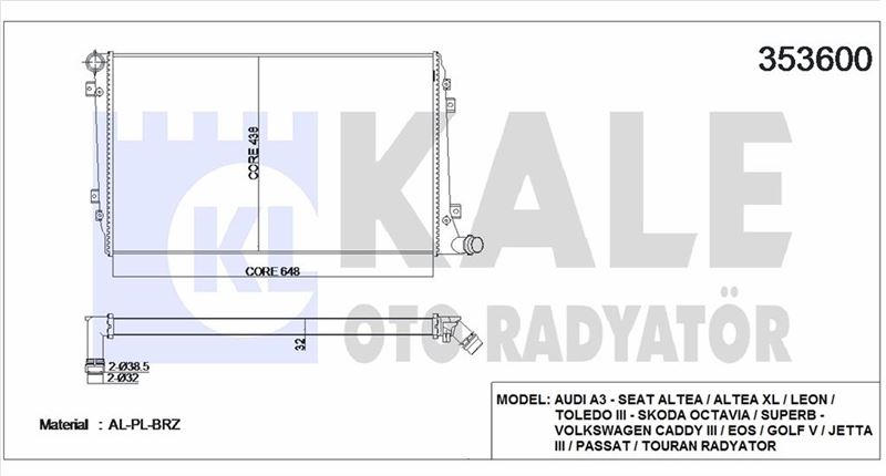MOTOR SU RADYATORU (BRAZING - 650X446X32) CADDY PASSAT GOLF JETTA OCTAVIA TOURAN SUPERB 1,9 / 2,0TDI - KALE 353600