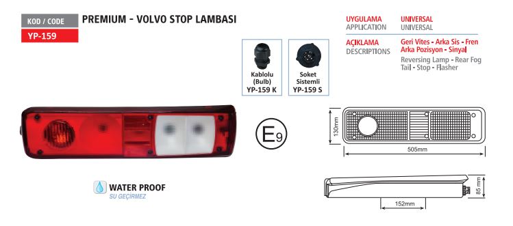 STOP LAMBASI RENAULT PREMIUM VOLVO KABLOLU SOL - YUCEPLAST YP-159 K L