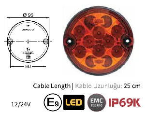 Unıversal Ledli Arka Sinyal Lambası-25cm Kablolu (montaj Plastiği Takılı) - Sertplas-0391lus25-M
