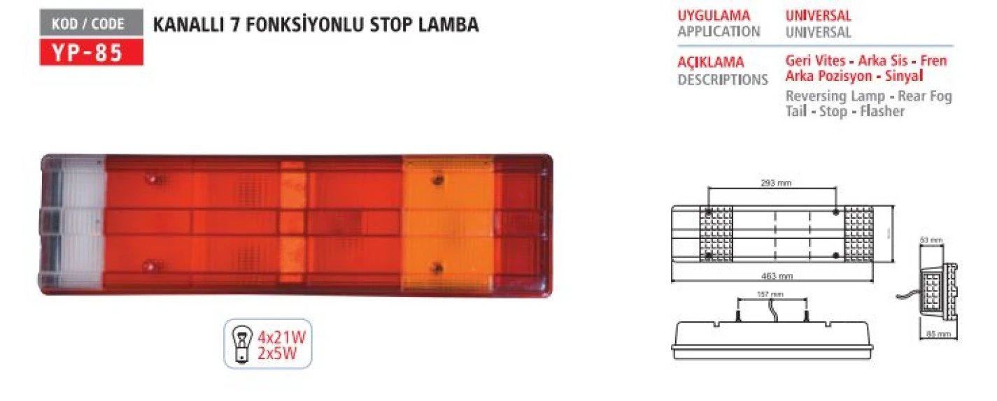 Unıversal Truck 7 Fonksıyonlu Stop Lambası Kanallı Kablolu - Yuceplast Yp-85 K