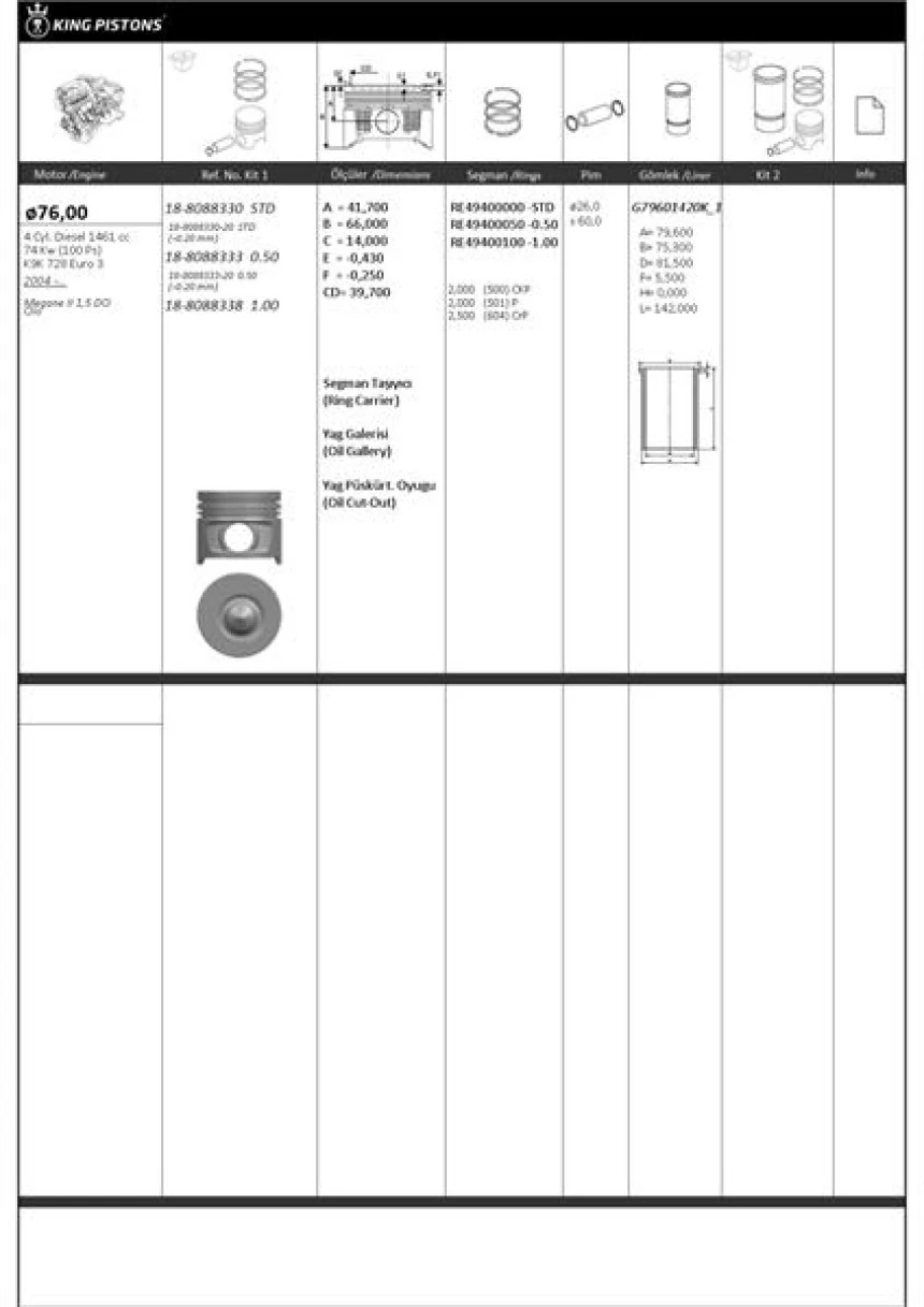 Renault Motor Piston Segman Scenic Megane II Clio Nissan (sogutma Kanallı-Yag Puskurtme Oyugu-Segman Tasıyıc - Kingpiston 18-8088330