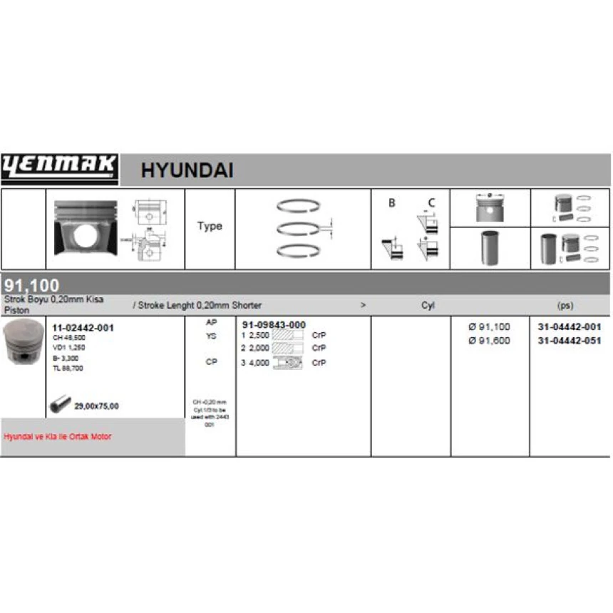 Kia Motor Piston Segman Std Starex Tci 2001-> Kia K2500 Tci 2004-> (1-3 Siralı Piston) D4bh Motor (0,20 - Yenmak 31-04442-001