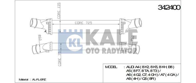 TURBO RADYATORU (720×134×76) AUDI A4 A5 A6 A7 A8 Q5 2,7TDI / 3,0TDI 08> - KALE 342400