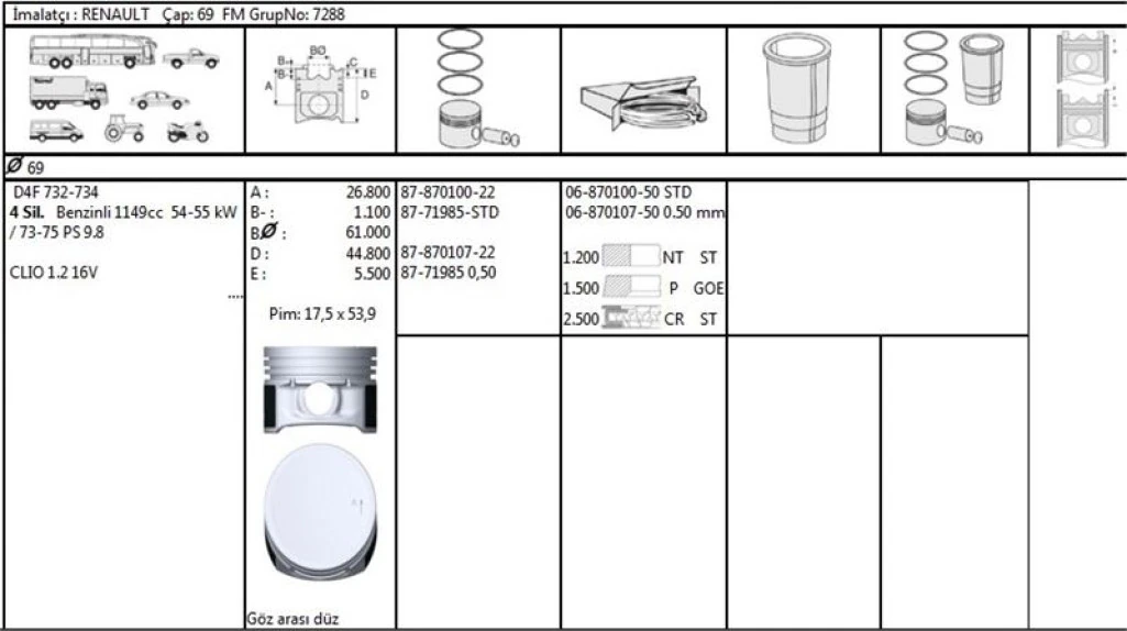 Renault Motor Piston Segman Std 69,00mm 1,2 Clio  Sandero Logan D4f 732-734 73-75ps - Goetze 8771985std000g