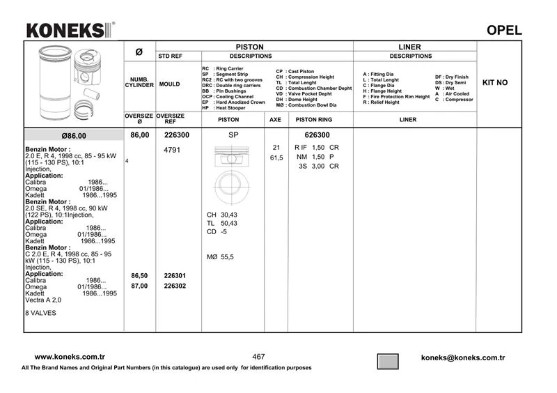 Opel Piston+segman 86mm 0,5(mm Farklı)  Omega-Vectra 2,0 86--> Frontera 91--> 4 Cyl 21pim - Koneks 226301