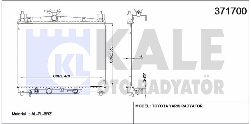 MOTOR SU RADYATORU YARIS 99>05 OTOMATIK (350X478X16) - KALE 371700