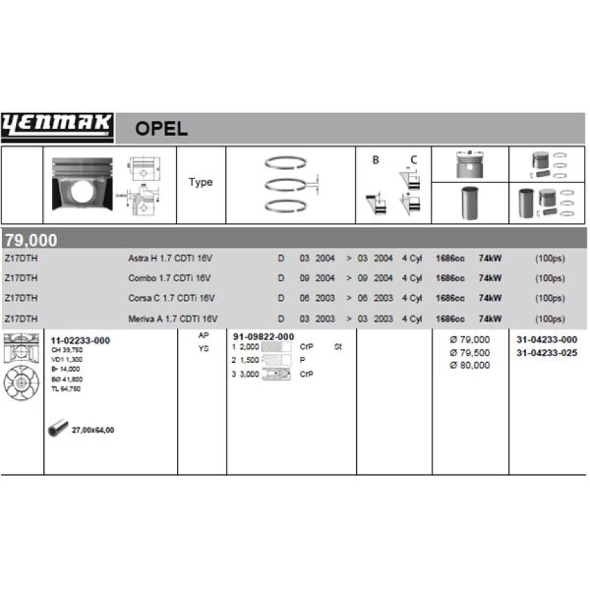Opel Motor Piston Segman Komple Std (79.00mm) Corsa C – Astra H – Meriva A – Z17dth - Yenmak 31-04233-000